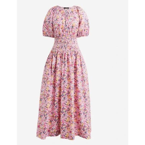 NWT J. Crew Tall Small Puff Sleeve Smocked Waist Midi Dress Pink Floral Fields - Picture 11 of 11